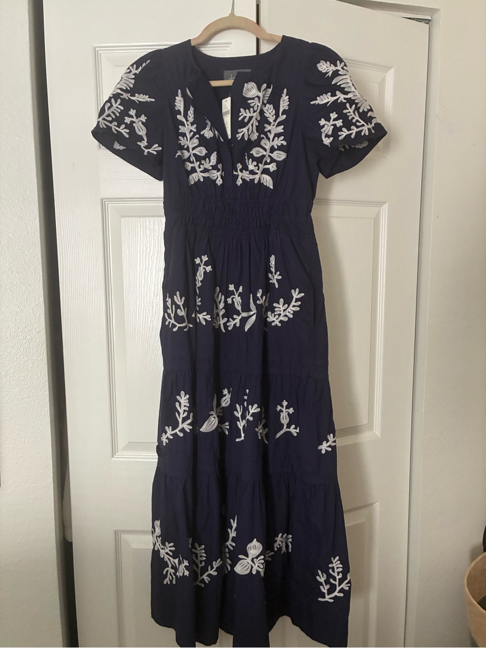 Anthropologie Navy Blue Embroidered Maxi Dress with White Floral Detail